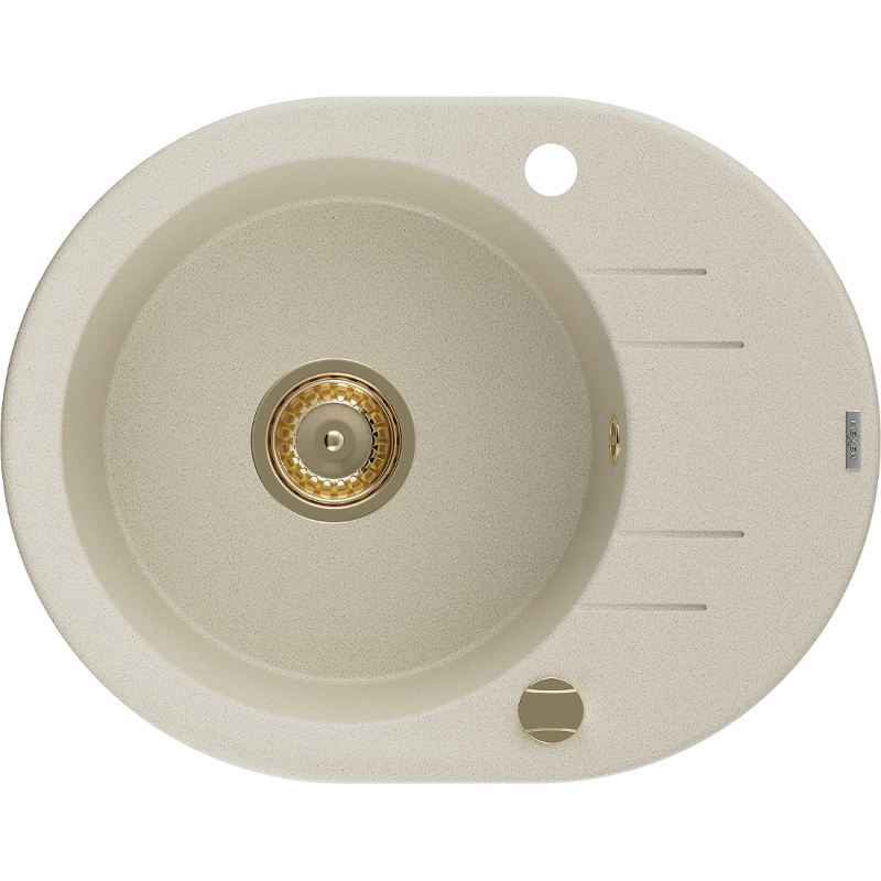 Mexen Kevin granitový dřez 1-komorový s odkapávačem 586 x 458 mm, béžový, sifon zlatý - 6517581005-69-G