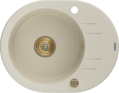 Mexen Kevin granitový dřez 1-komorový s odkapávačem 586 x 458 mm, béžový, sifon zlatý - 6517581005-69-G