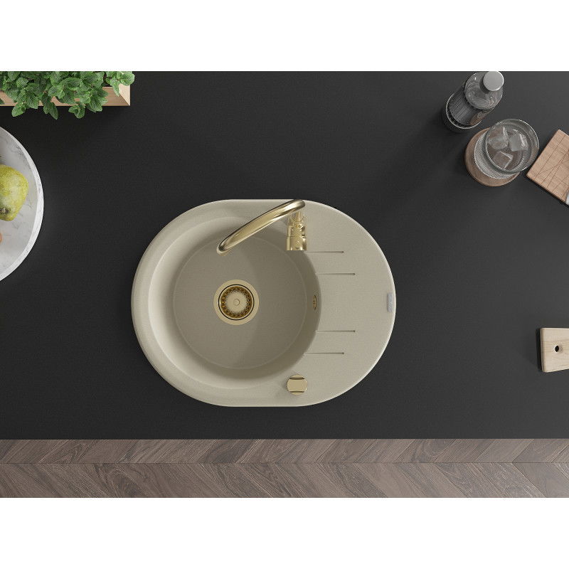 Mexen Kevin granitový dřez 1-komorový s odkapávačem 586 x 458 mm, béžový, sifon zlatý - 6517581005-69-G