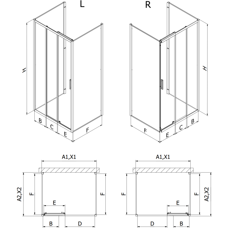 Mexen Exo-3S sprchový kout 3-stěnný posuvný 90 x 95 cm, transparentní, černý - 8153-090-095-70-00-3S