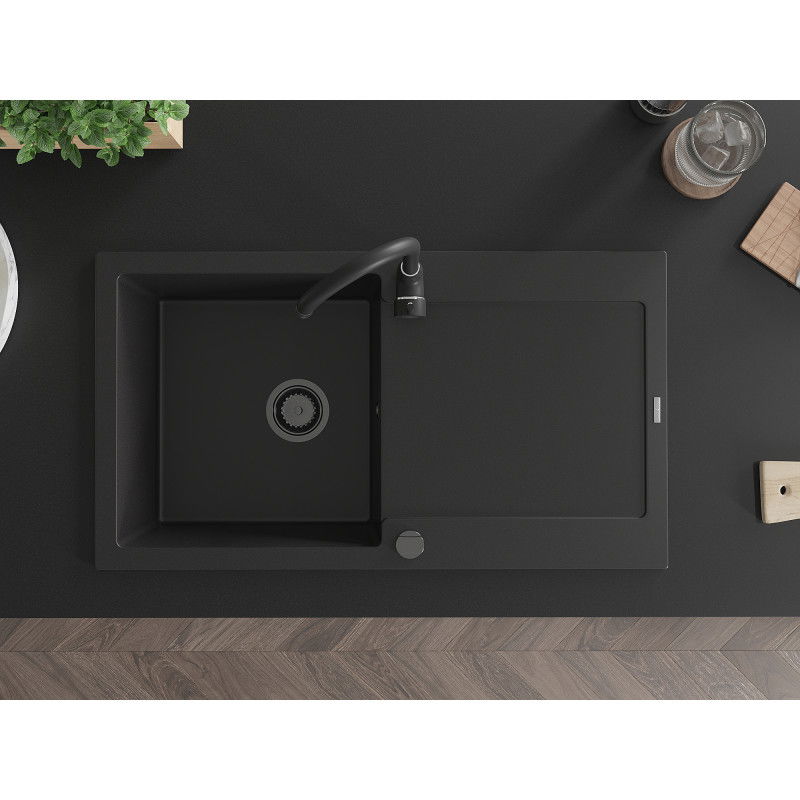 Mexen Leo granitový dřez 1-komorový s odkapávačem a kuchyňskou baterií Telma, černý - 6501-77-670200-70-B