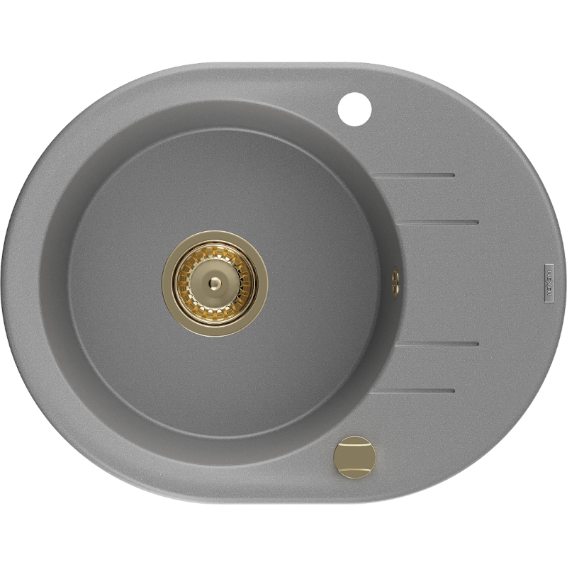 Mexen Kevin granitový dřez 1-komorový s odkapávačem 586 x 458 mm, šedý, zlatý sifon - 6517581005-71-G