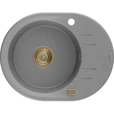 Mexen Kevin granitový dřez 1-komorový s odkapávačem 586 x 458 mm, šedý, zlatý sifon - 6517581005-71-G
