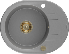 Mexen Kevin granitový dřez 1-komorový s odkapávačem 586 x 458 mm, šedý, zlatý sifon - 6517581005-71-G