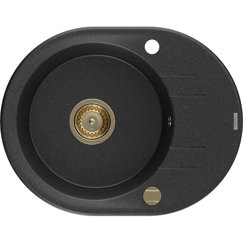 Mexen Kevin granitový dřez 1-komorový s odkapávačem 586 x 458 mm, černý/stříbrný metalik, sifon zlatý - 6517581005-73-G