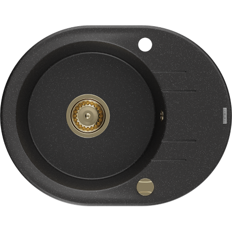 Mexen Kevin granitový dřez 1-komorový s odkapávačem 586 x 458 mm, černý/stříbrný metalik, sifon zlatý - 6517581005-73-G