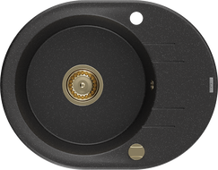 Mexen Kevin granitový dřez 1-komorový s odkapávačem 586 x 458 mm, černý/stříbrný metalik, sifon zlatý - 6517581005-73-G