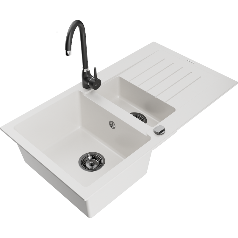 Mexen Matias granitový dřez 1,5-dřezový s odkapávačem a kuchyňskou baterií Telma, bílý - 6502-20-670200-70