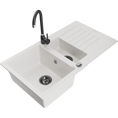 Mexen Matias granitový dřez 1,5-dřezový s odkapávačem a kuchyňskou baterií Telma, bílý - 6502-20-670200-70
