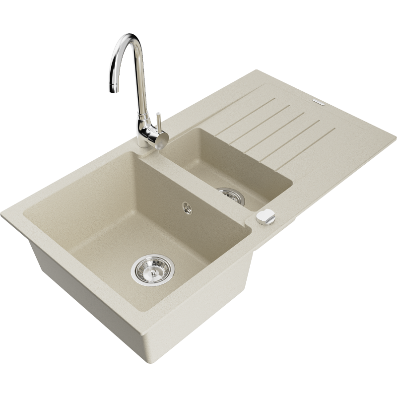 Mexen Matias granitový dřez 1,5-komorový s odkapávačem a kuchyňskou baterií Telma, béžový - 6502-69-670200-00