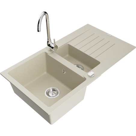 Mexen Matias granitový dřez 1,5-komorový s odkapávačem a kuchyňskou baterií Telma, béžový - 6502-69-670200-00