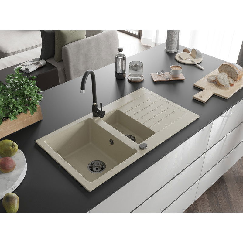 Mexen Matias granitový dřez 1,5-komorový s odkapávačem a kuchyňskou baterií Telma, béžový - 6502-69-670200-70