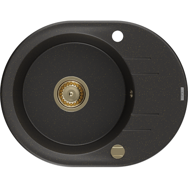 Mexen Kevin granitový dřez s odkapávačem 1-komorový 586 x 458 mm, černý/zlatý metalik, sifón zlatý - 6517581005-75-G