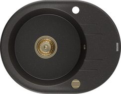 Mexen Kevin granitový dřez s odkapávačem 1-komorový 586 x 458 mm, černý/zlatý metalik, sifón zlatý - 6517581005-75-G