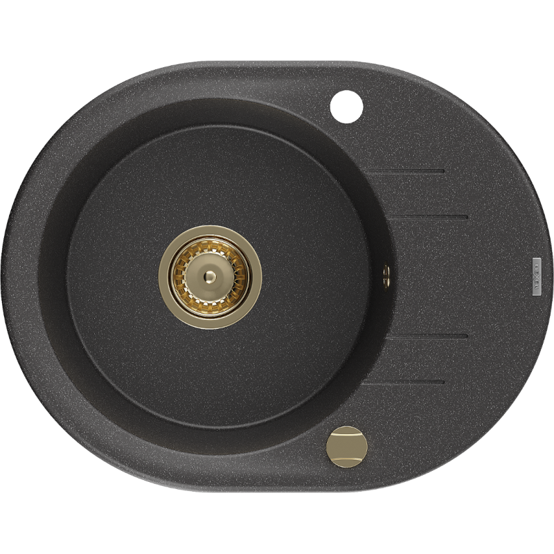 Mexen Kevin granitový dřez s 1 komorou a odkapávačem 586 x 458 mm, černý kropenatý, zlatý sifon - 6517581005-76-G