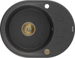 Mexen Kevin granitový dřez s 1 komorou a odkapávačem 586 x 458 mm, černý kropenatý, zlatý sifon - 6517581005-76-G