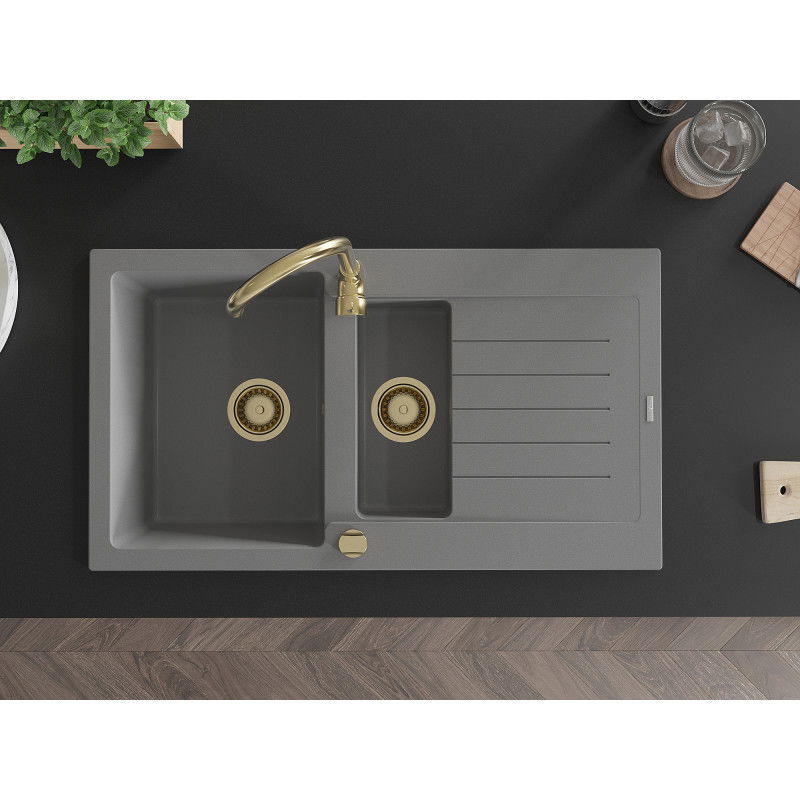 Mexen Matias granitový dřez 1,5-komorový s odkapávačem a kuchyňskou baterií Telma, šedý - 6502-71-670200-50