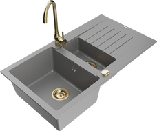 Mexen Matias granitový dřez 1,5-komorový s odkapávačem a kuchyňskou baterií Telma, šedý - 6502-71-670200-50