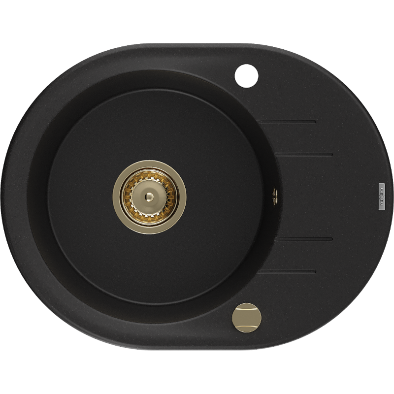 Mexen Kevin granitový dřez 1-komorový s odkapávačem 586 x 458 mm, černý, zlatý sifon - 6517581005-77-G