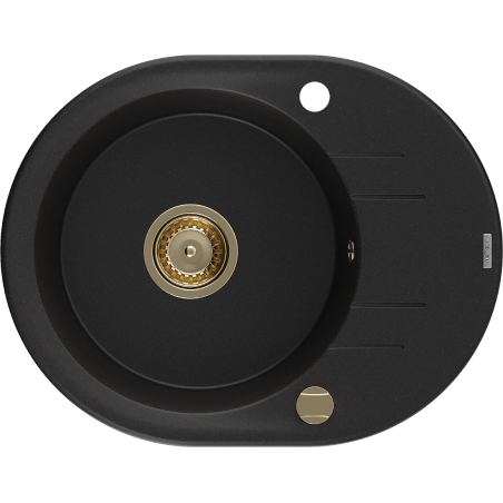 Mexen Kevin granitový dřez 1-komorový s odkapávačem 586 x 458 mm, černý, zlatý sifon - 6517581005-77-G