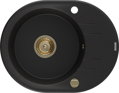 Mexen Kevin granitový dřez 1-komorový s odkapávačem 586 x 458 mm, černý, zlatý sifon - 6517581005-77-G