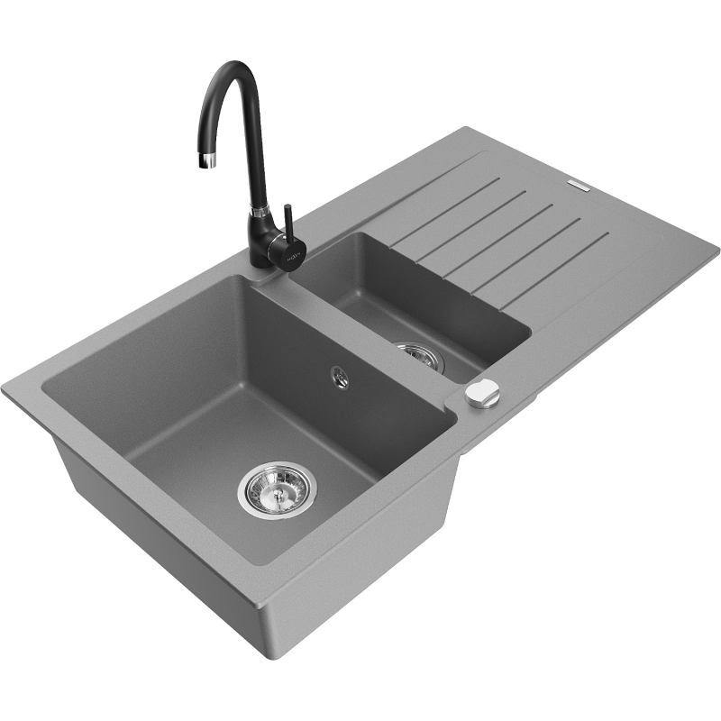 Mexen Matias granitový dřez 1,5-komorový s odkapávačem a kuchyňskou baterií Telma, šedý - 6502-71-670200-70