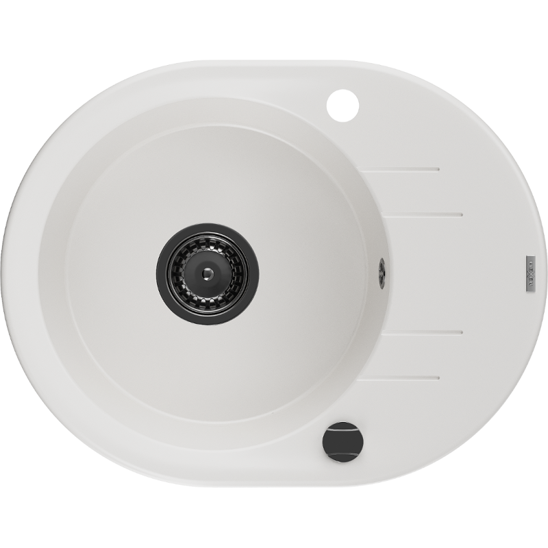 Mexen Kevin granitový dřez 1-komorový s odkapávačem 586 x 458 mm, bílý, černý sifon - 6517581005-20-B