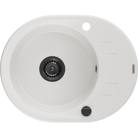 Mexen Kevin granitový dřez 1-komorový s odkapávačem 586 x 458 mm, bílý, černý sifon - 6517581005-20-B