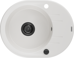 Mexen Kevin granitový dřez 1-komorový s odkapávačem 586 x 458 mm, bílý, černý sifon - 6517581005-20-B