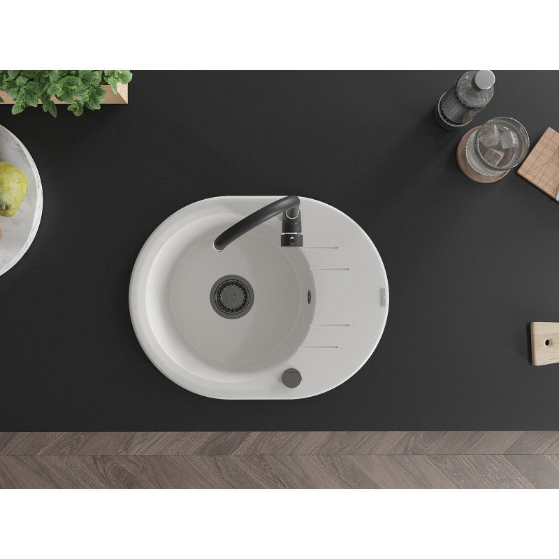 Mexen Kevin granitový dřez 1-komorový s odkapávačem 586 x 458 mm, bílý, černý sifon - 6517581005-20-B