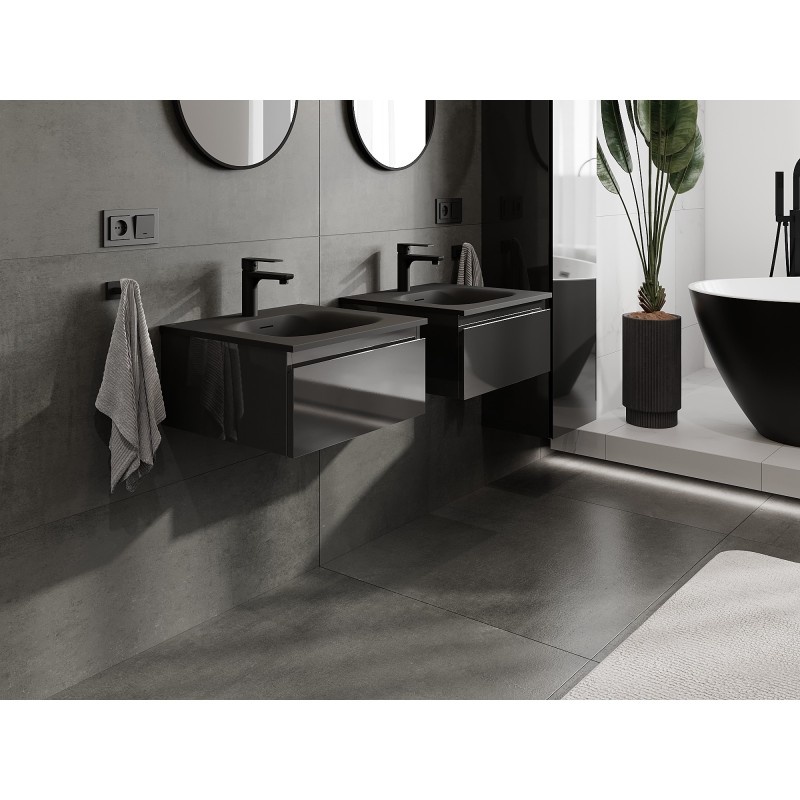 Mexen Orio koupelnová skříňka 50 cm s umyvadlem Vela, 1 zásuvka, černý lesk/černý mat - 91A10-05023-1-BF70-W23M71