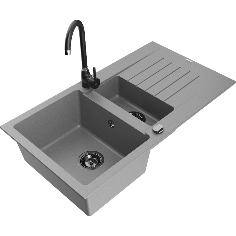 Mexen Matias žulový dřez 1,5-komorový s odkapávačem a kuchyňskou baterií Telma, šedý - 6502-71-670200-70-B