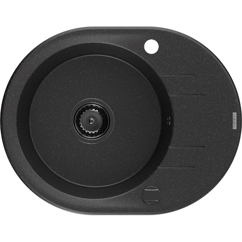 Mexen Kevin žulový dřez s jednou komorou s odkapávačem 586 x 458 mm, černý/stříbrný metalický, sifon černý - 6517581005-73-B