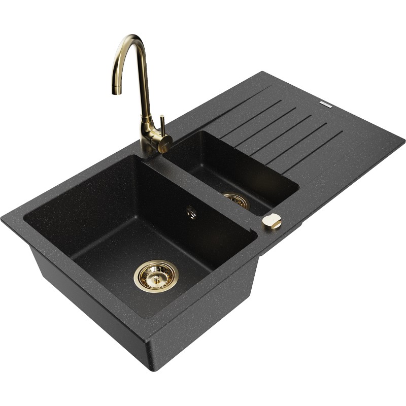 Mexen Matias žulový dřez 1,5-komorový s odkapávačem a kuchyňskou baterií Telma, černý/stříbrný - 6502-73-670200-50
