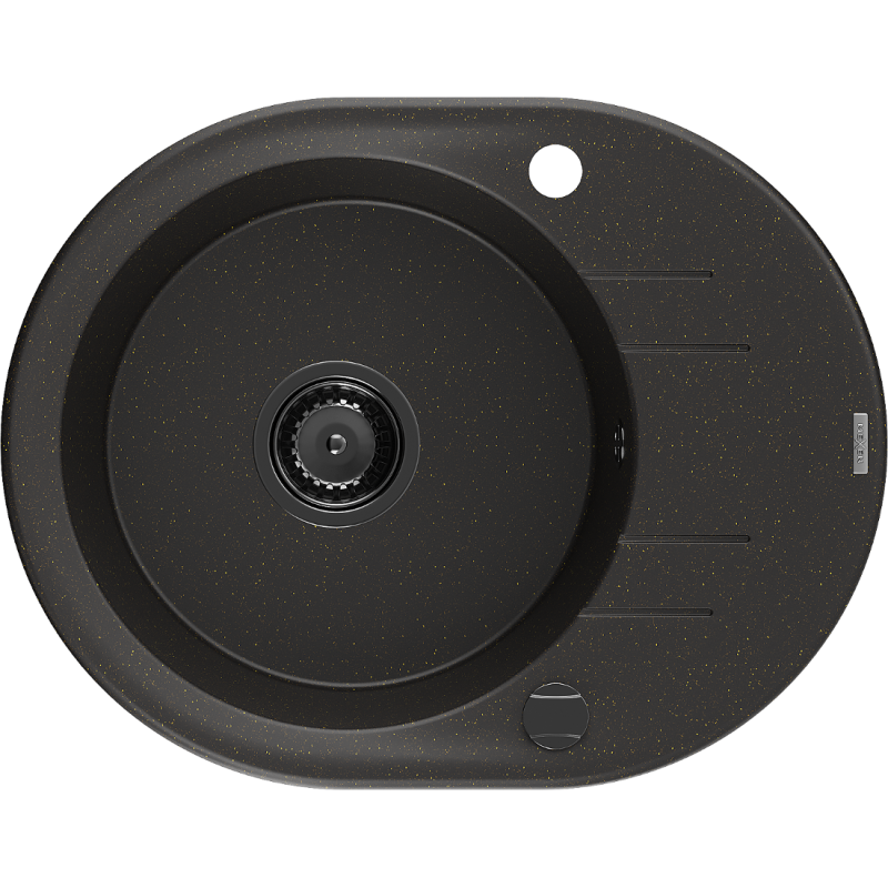 Mexen Kevin granitový dřez s odkapávačem 1-komorový 586 x 458 mm, černý/zlatý metalík, černý sifon - 6517581005-75-B