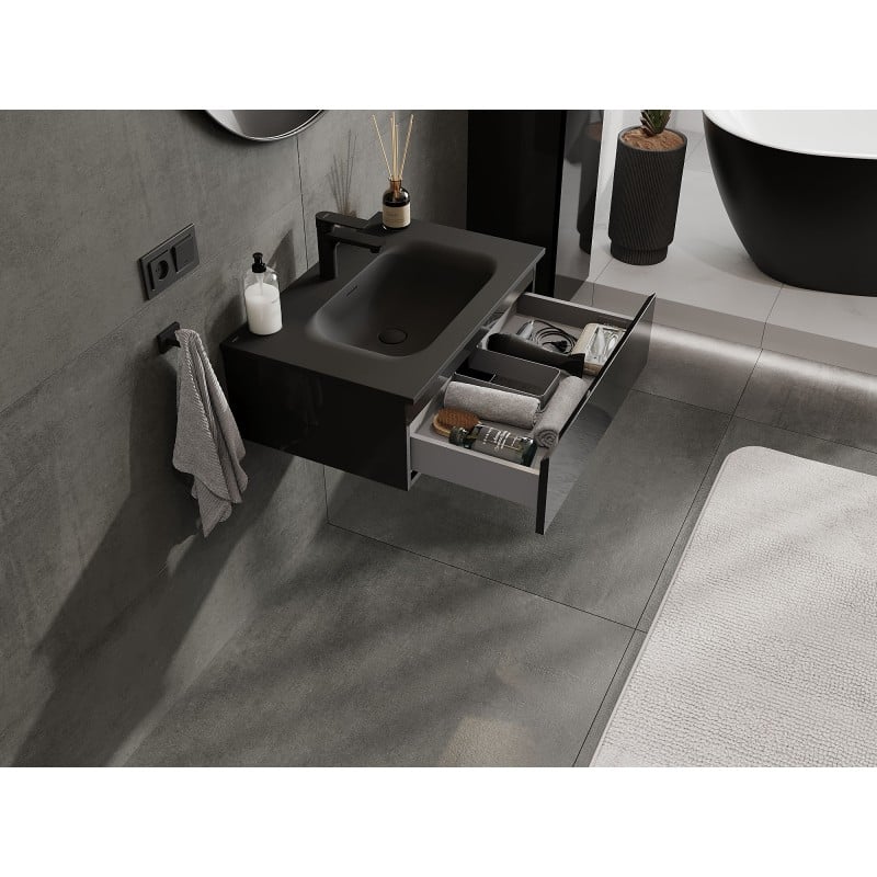 Mexen Orio koupelnová skříňka 70 cm s umyvadlem Vela, 1 zásuvka, černý lesk/černý mat - 91A10-07023-1-BF70-W23M71