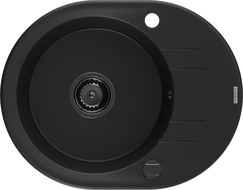 Mexen Kevin granitový dřez 1-komorový s odkapávačem 586 x 458 mm, černý, černý sifon - 6517581005-77-B