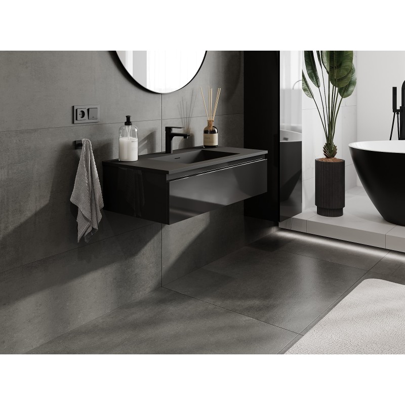 Mexen Orio koupelnová skříňka 90 cm s umyvadlem Otis, 1 zásuvka, černý lesk/černý mat - 91A10-09023-1-BF70-W18M71