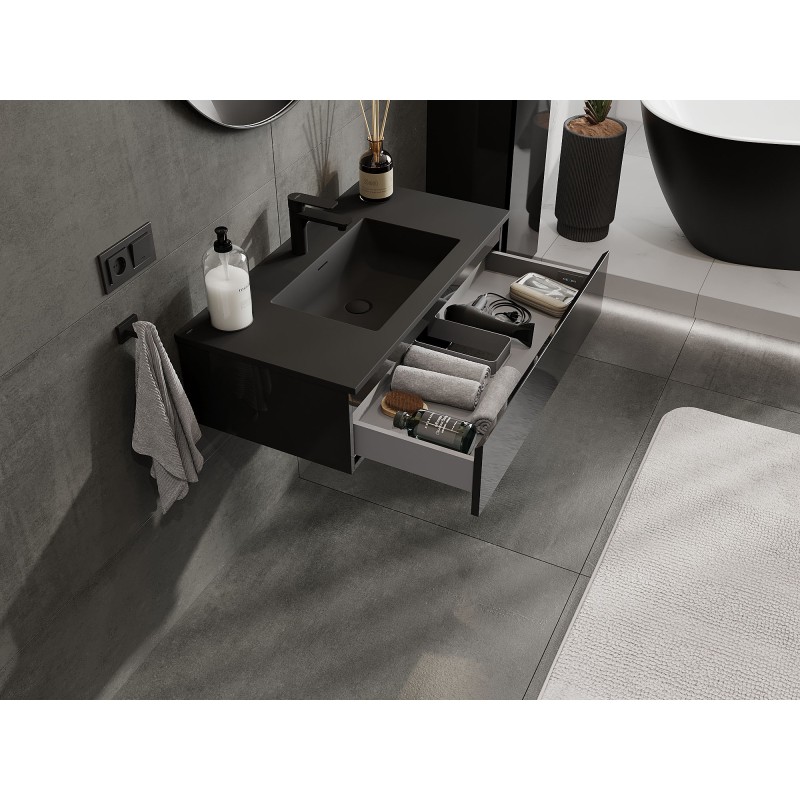 Mexen Orio koupelnová skříňka 90 cm s umyvadlem Otis, 1 zásuvka, černý lesk/černý mat - 91A10-09023-1-BF70-W18M71