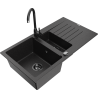Mexen Matias žulový dřez 1,5-komorový s odkapávačem a kuchyňskou baterií Telma, černý/stříbrný - 6502-73-670200-70-B