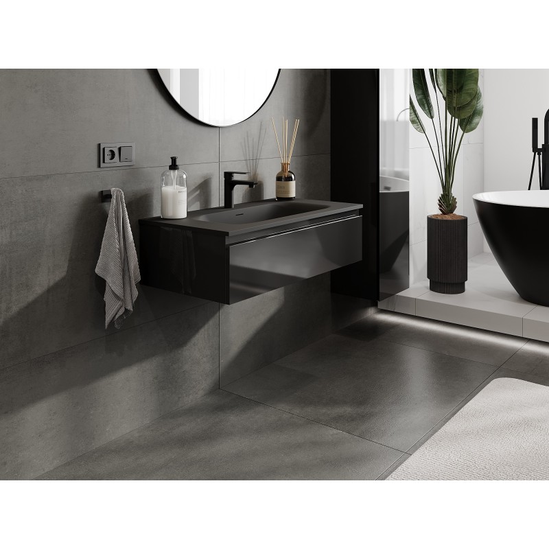 Mexen Orio koupelnová skříňka 90 cm s umyvadlem Vela, 1 zásuvka, černý lesk/černý mat - 91A10-09023-1-BF70-W23M71