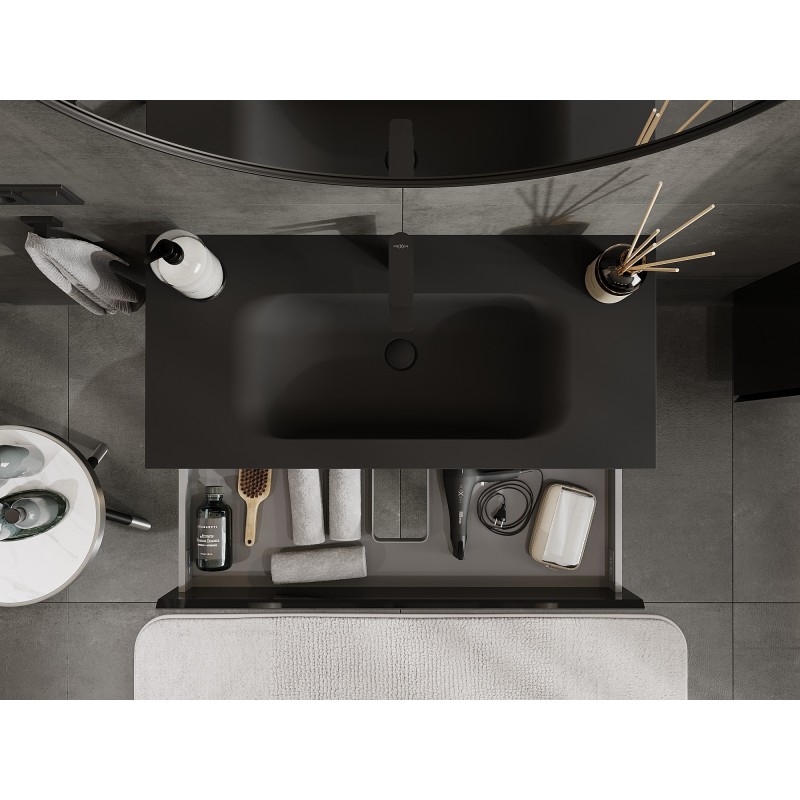 Mexen Orio koupelnová skříňka 100 cm s umyvadlem Vela, 2 zásuvky, černý lesk/černá mat - 91A10-10047-2-BFF70-W23M71