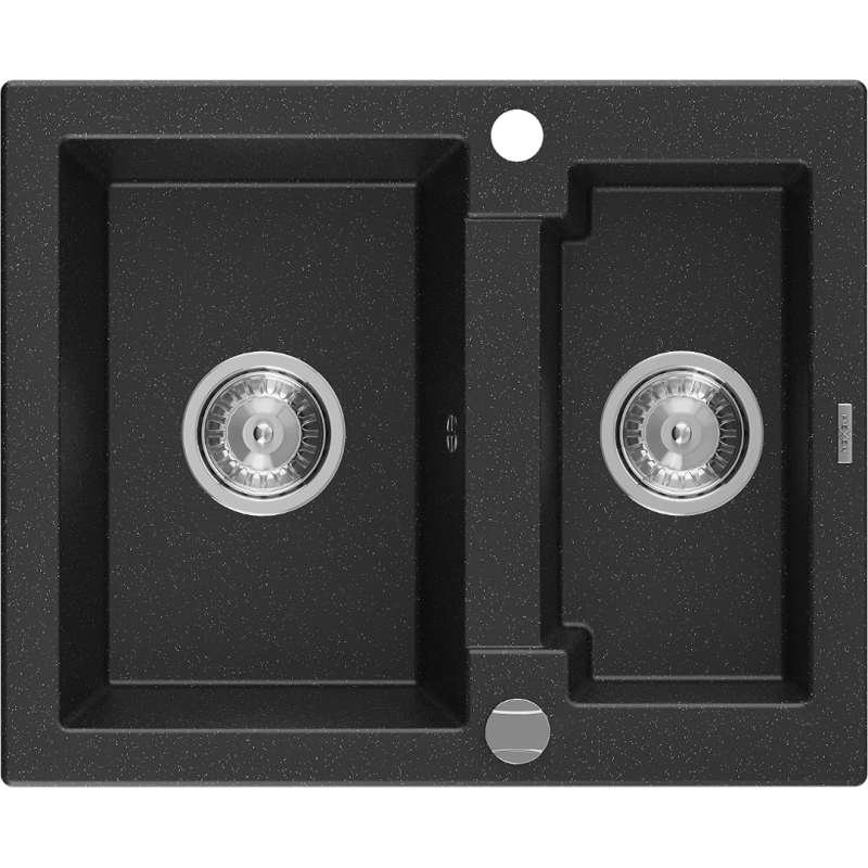 Mexen Carlos žulový dřez 1,5 komory 582 x 475 mm, černá/stříbrný metalik, chromový sifon - 6518581500-73