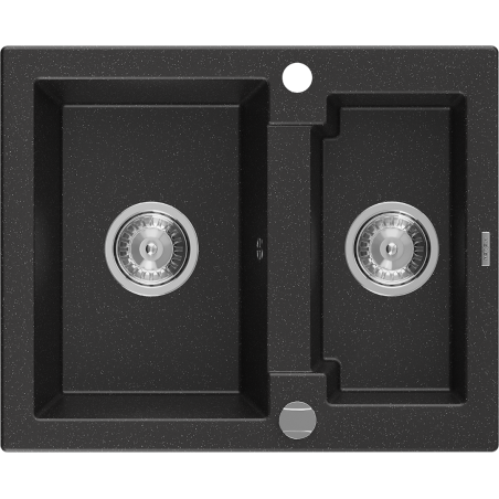 Mexen Carlos žulový dřez 1,5 komory 582 x 475 mm, černá/stříbrný metalik, chromový sifon - 6518581500-73