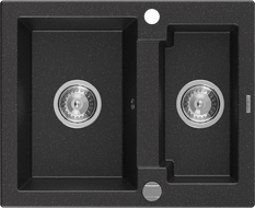 Mexen Carlos žulový dřez 1,5 komory 582 x 475 mm, černá/stříbrný metalik, chromový sifon - 6518581500-73