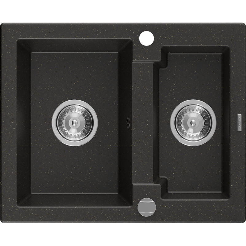 Mexen Carlos granitový dřez 1,5-komorový 582 x 475 mm, černý/zlatý metalik, sifon chrom - 6518581500-75