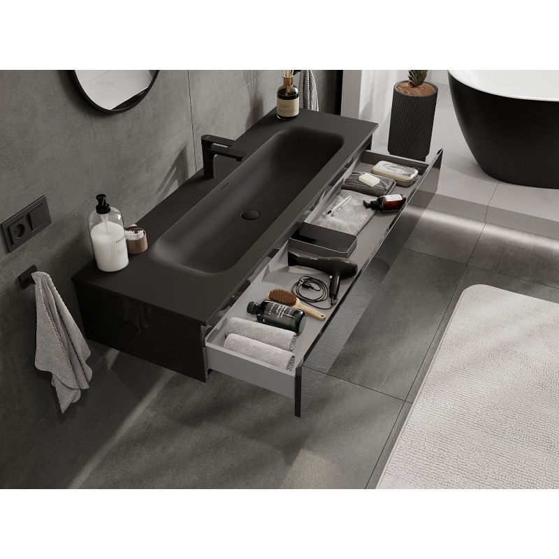 Mexen Orio koupelnová skříňka 140 cm s umyvadlem Vela, 1 zásuvka, černý lesk/černý mat - 91A10-14023-1-BF70-W23M71