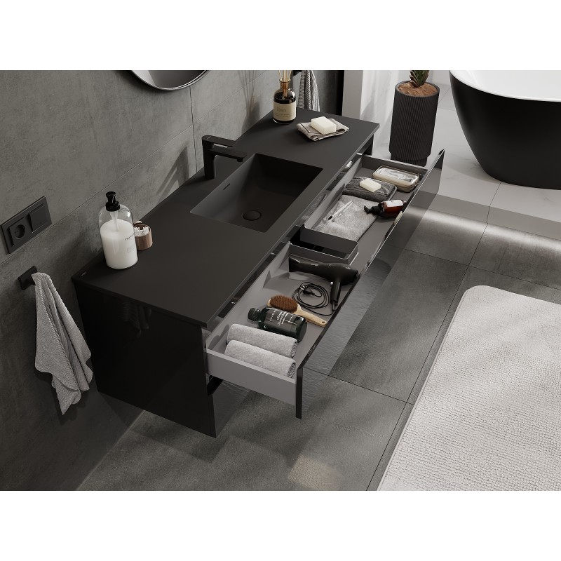 Mexen Orio koupelnová skříňka 140 cm s umyvadlem Otis, 2 zásuvky, černý lesk/černý mat - 91A10-14047-2-BFF70-W18M71