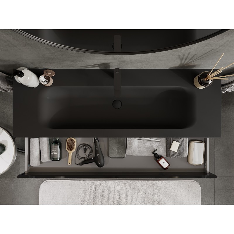 Mexen Orio koupelnová skříňka 140 cm s umyvadlem Vela, 2 zásuvky, černý lesk/černý mat - 91A10-14047-2-BFF70-W23M71