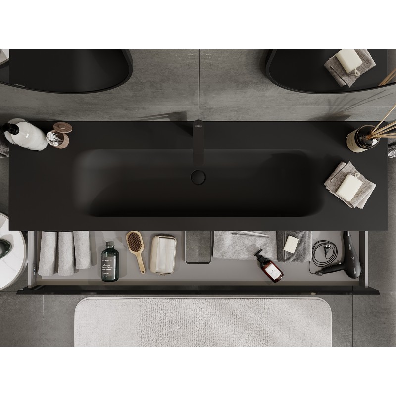Mexen Orio koupelnová skříňka 160 cm s umyvadlem Vela, 1 zásuvka, černý lesk/černý mat - 91A10-16023-1-BF70-W23M71